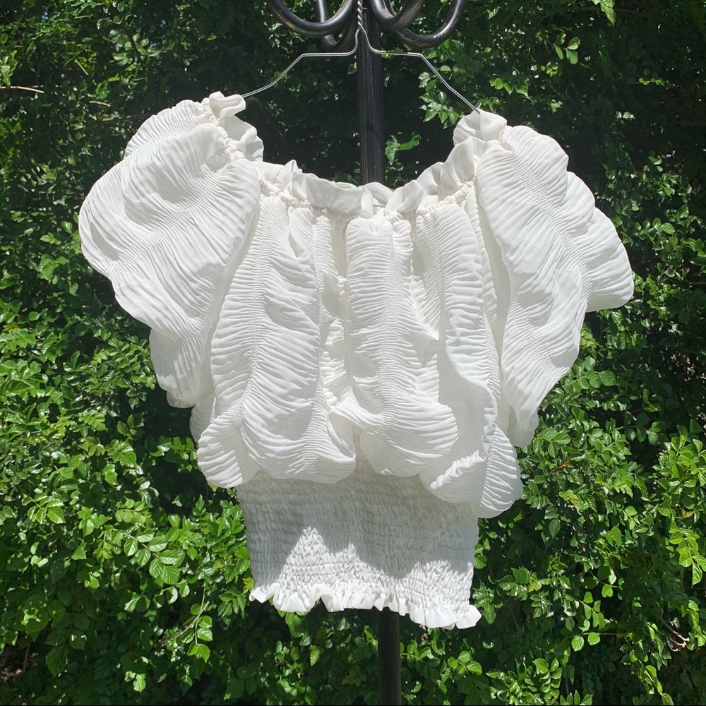 White Ruffle Wide Neck Pleated Crop Top Blouse